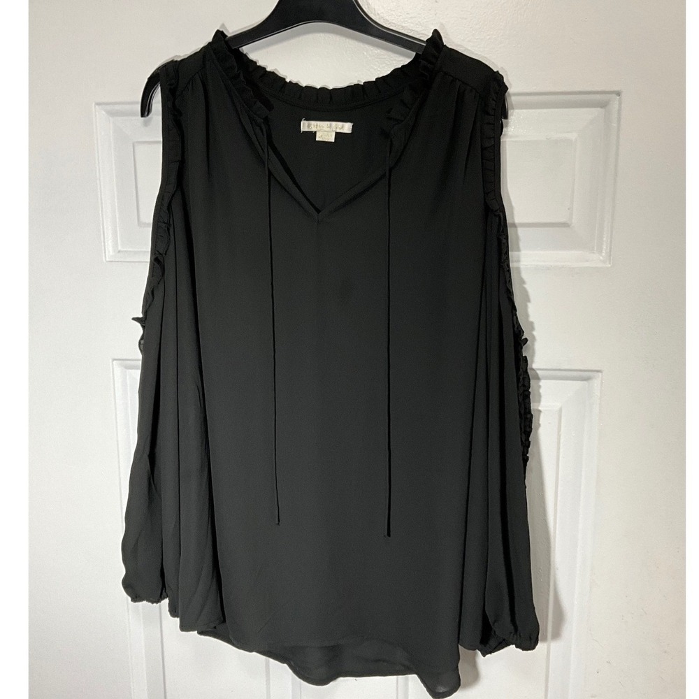 Cooper & Ella Black Cold Shoulder Ruffle V-Neck Tie Blouse Top 2X